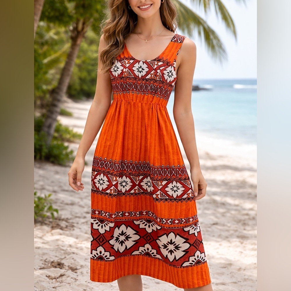Orange Hawaiian Print Sleeveless Sundress – Tropical Midi Dress Size 10